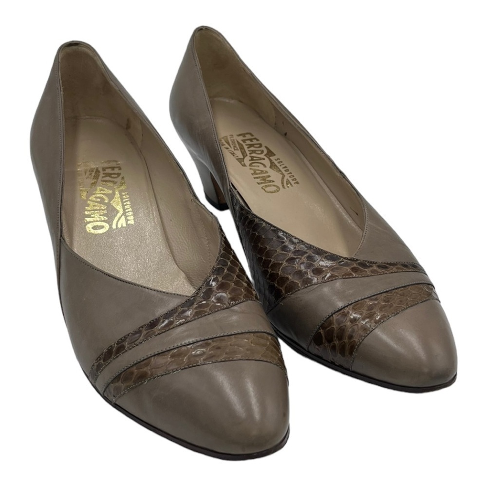 Salvatore Ferragamo‎ Women Leather Heels Tan Alligator Inlay Italy Sz 10 AA